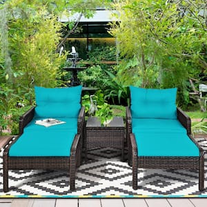 Brown 5-Piece Rattan Wicker Patio Conversation Ottoman Sofa Coffee Table Set with Turquoise Cushion