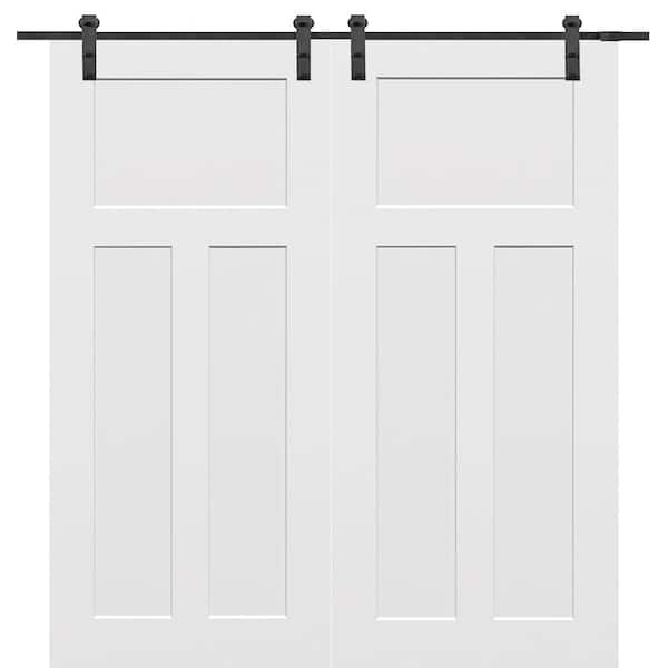 MMI Door 60 in. x 80 in. Primed Composite Craftsman Smooth Surface Solid Core Double Sliding Barn Door with Hardware Kit