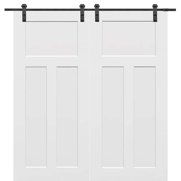 72 in. x 80 in. Primed Composite Craftsman Smooth Surface Solid Core Double Sliding Barn Door with Hardware Kit