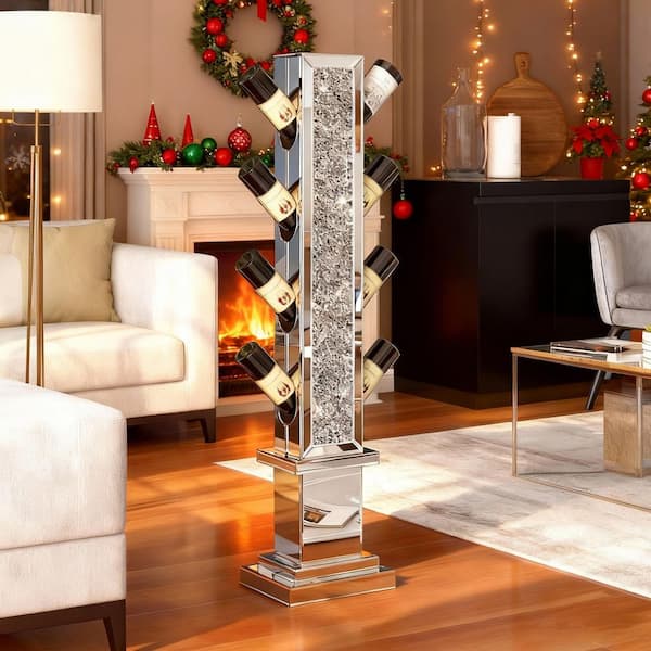 Silver 10.43 in. W x 50.20 in. H Modern Rectangular Manufactured Wood Framed Mirror Floor Wine Bottle Rack