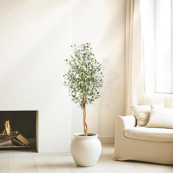 7 ft. Artificial Olive Trees, Faux Silk Plant White Planter, Fake Olive Trees with Pot