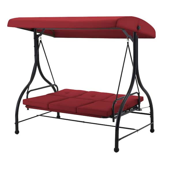 3-Person Adjustment Metal Patio Swing with Red Cushion and Canopy Top, UV Resistant, Waterproof