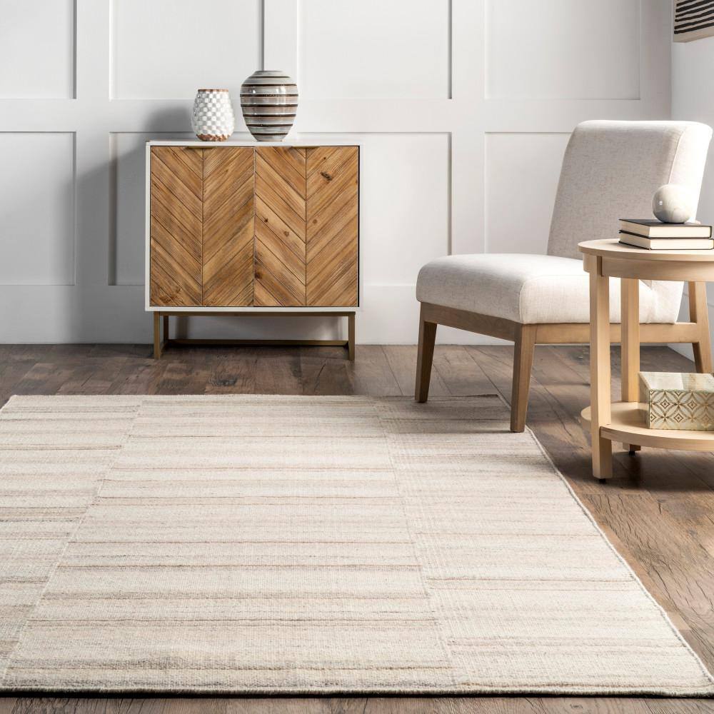Beige and Gray Wool Stripe Handmade Rectangular Area Rug 6' x 9'