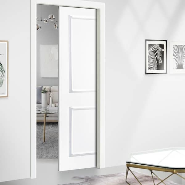 36 in. x 80 in. White Painted Composite MDF 2PANEL Interior Sliding Door with Pocket Door Frame and Hardware Kit