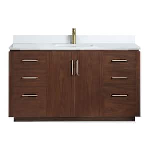 San 60 in.W x 22 in.D x 33.8 in.H Single Sink Bath Vanity in Natural Walnut with White Composite Stone Top
