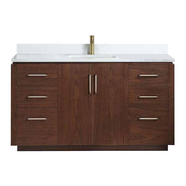 ROSWELL San 60 in.W x 22 in.D x 33.8 in.H Single Sink Bath Vanity in Natural Walnut with White Composite Stone Top