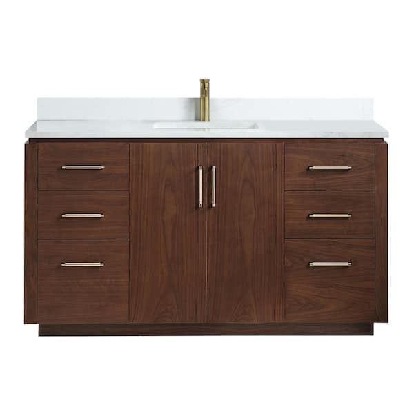 San 60 in.W x 22 in.D x 33.8 in.H Single Sink Bath Vanity in Natural Walnut with White Composite Stone Top