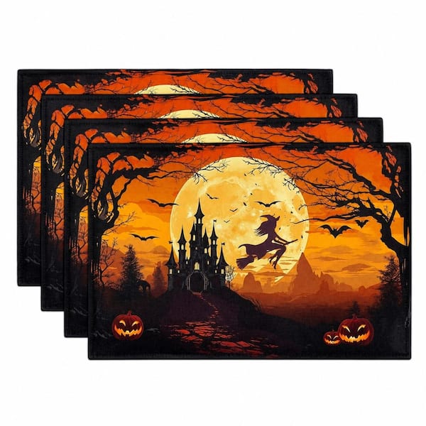 Halloween Witch Bat Castle Pumpkin Linen Placemats Set of 4 18 x 12 in. for Table Decor
