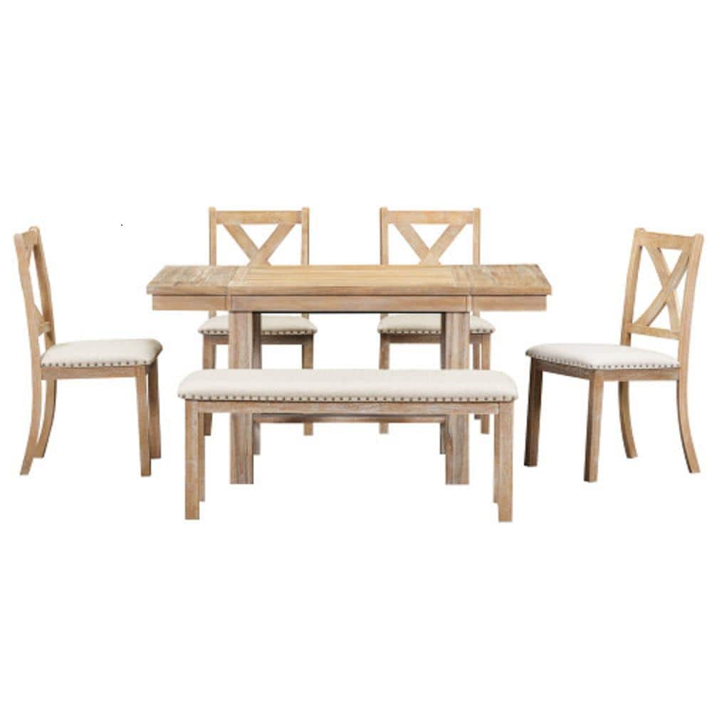 Natural 6-Piece Wood 82 in. Table with Footrest Upholstered Chairs and Benc