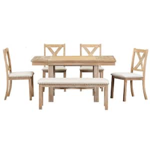Natural 6-Piece Wood 82 in. Table with Footrest Upholstered Chairs and Bench Outdoor Dining Set with Beige Cushion