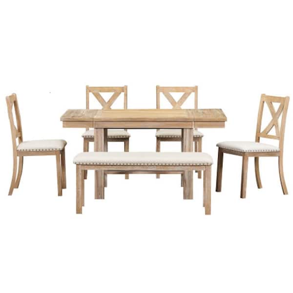 Unbranded Natural 6-Piece Wood 82 in. Table with Footrest Upholstered Chairs and Bench Outdoor Dining Set with Beige Cushion