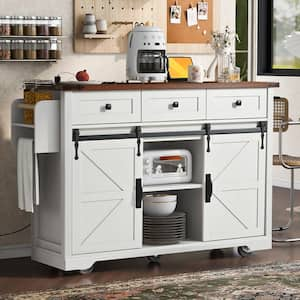 Farmhouse White Wood 53.7 in. Drop Leaf Kitchen Island Kitchen Carts with Spice Rack and 2-Sliding Barn Door