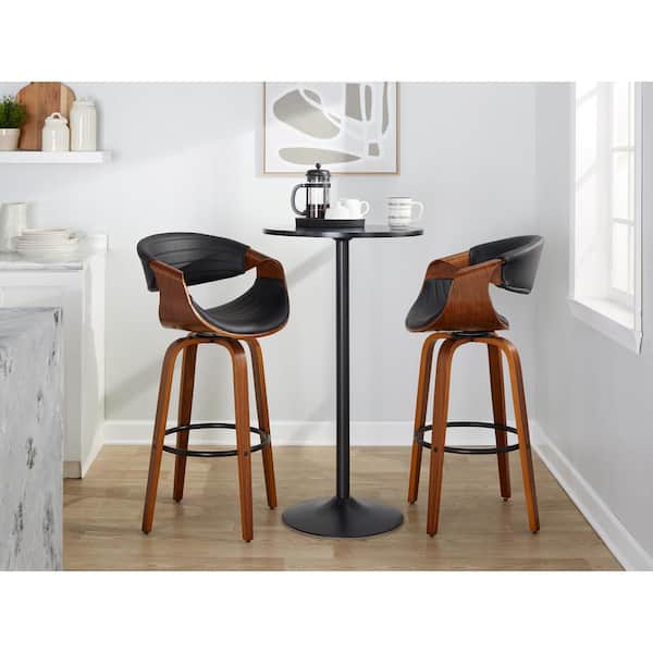 Lumisource Symphony 29.25 in. Black Faux Leather, Walnut Wood and Black Metal Fixed-Height Bar Stool (Set of 2)