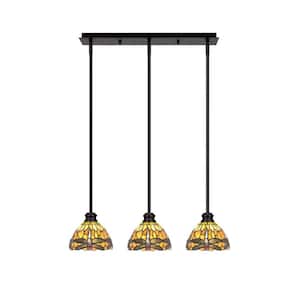 Albany 60-Watt 3-Light Espresso Linear Pendant Light with Amber Dragonfly Art Glass Shades and No Bulbs Included