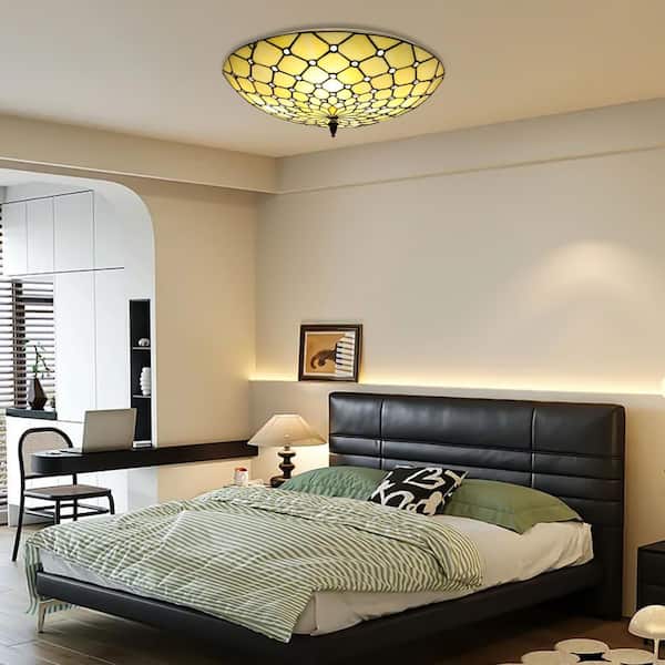 OUKANING 19.68 in. 4-Light Light Yellow Tiffany Flush Mount