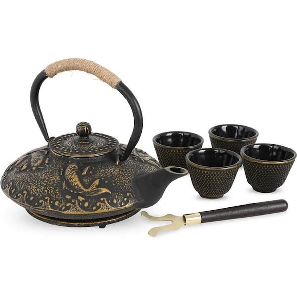 4-Cup Black Cast Iron Teapot Set Stove Top Tea Kettle with 4-Cups and Infuser, Japanese Style Tetsubin Tea Gift Set