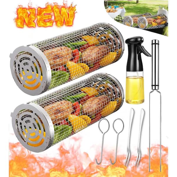 Stainless Steel Rolling Grilling Basket Set with Oil Sprayer for Grilling Vegetables, Fish, Meat and Camping (8-Pack)