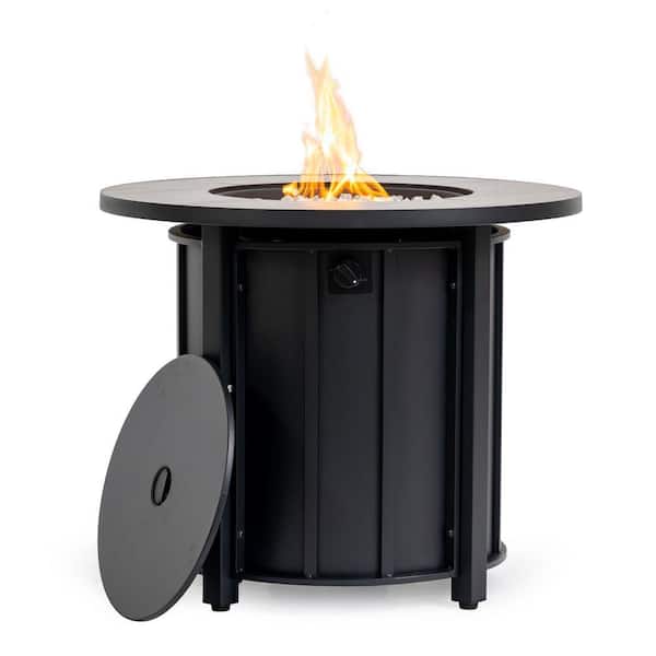 30 in. 50000 BTU Black Propane Gas Fire Pit Table Round Steel Fire Pit w/ Wood Grain Ceramic Tabletop for Outside Patio