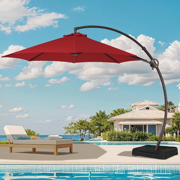 JEAREY 11 ft. Large Outdoor Aluminum Curvy Cantilever Offset Hanging Patio Umbrella with Sandbag Base and Cover in Red