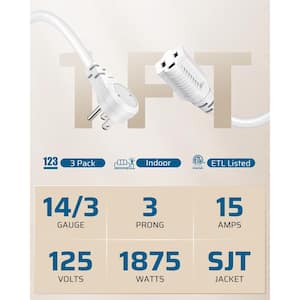 1 ft. SJT 14/3 Indoor Extension Cord with 3-Prong Outlets and SPT-3 Cord, 3 Pack, White