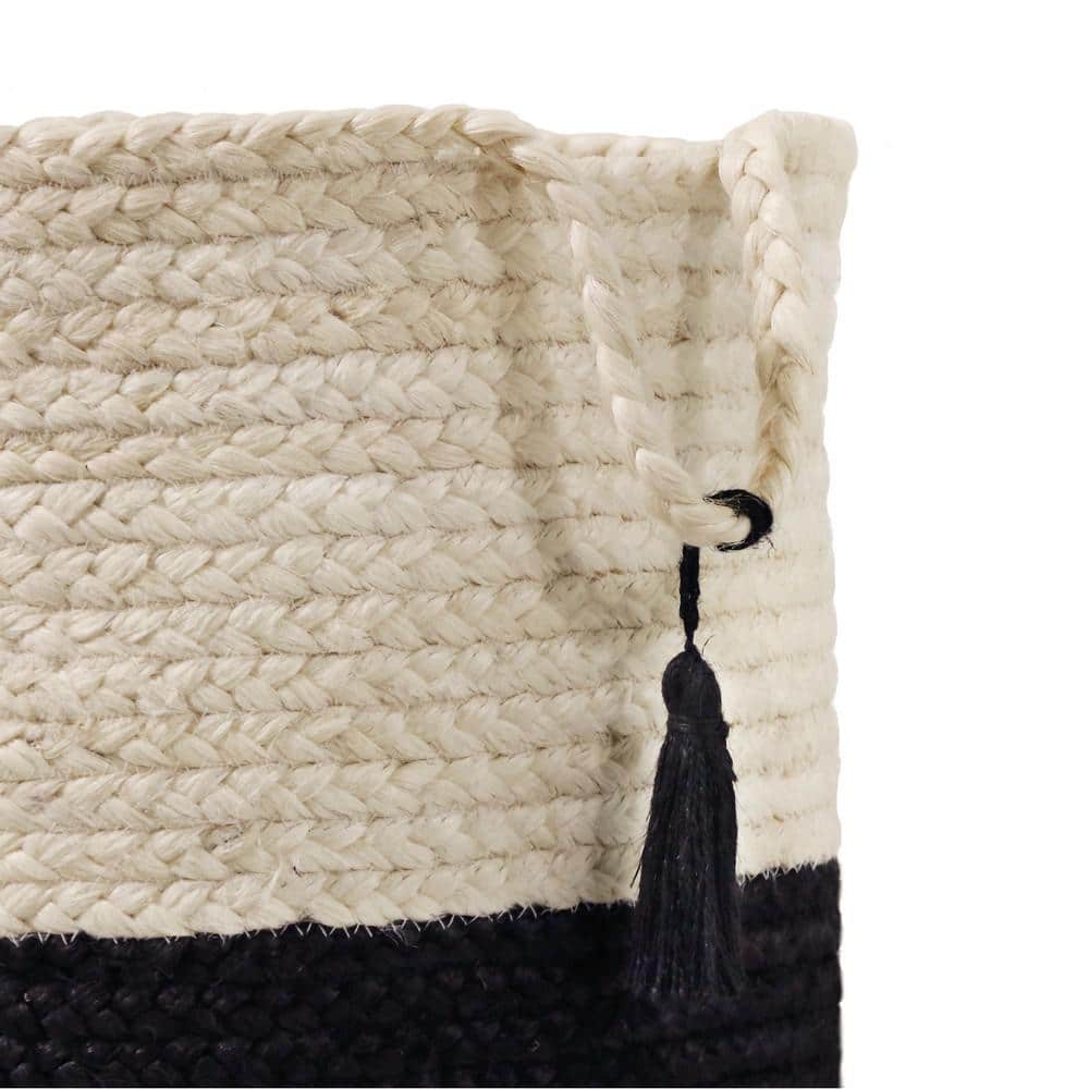 17" Cream and Black Round Jute Storage Basket