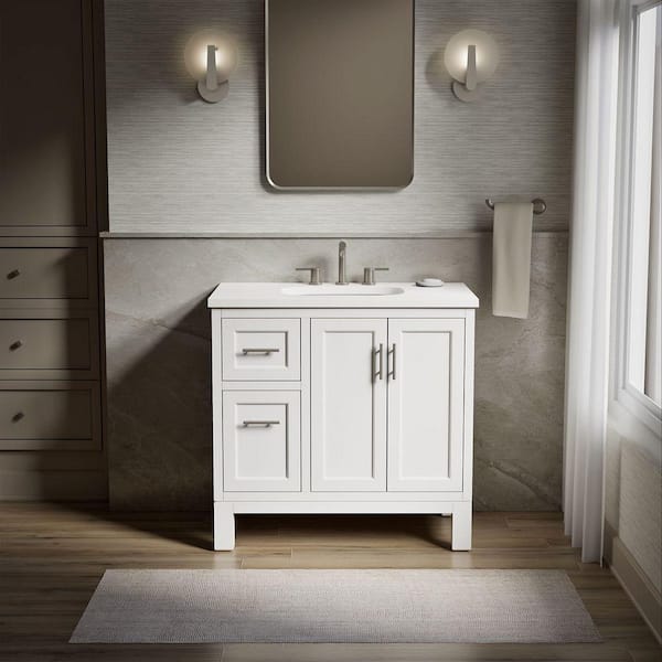 Quo 37in. Single Sink Freestanding White Bath Vanity with White Quartz Top Assembled