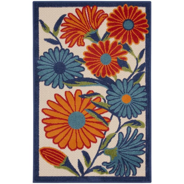 3' X 4' Ivory And Blue Floral Indoor Outdoor Area Rug 3' X 4' Ivory And Blue Floral Indoor Outdoor Area Rug