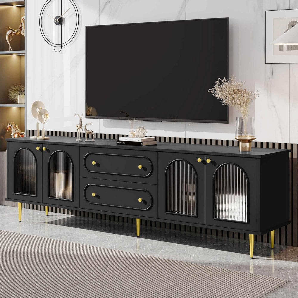 Polibi Black TV Stand Fits TV's up to 80 in. with Five Metal Legs