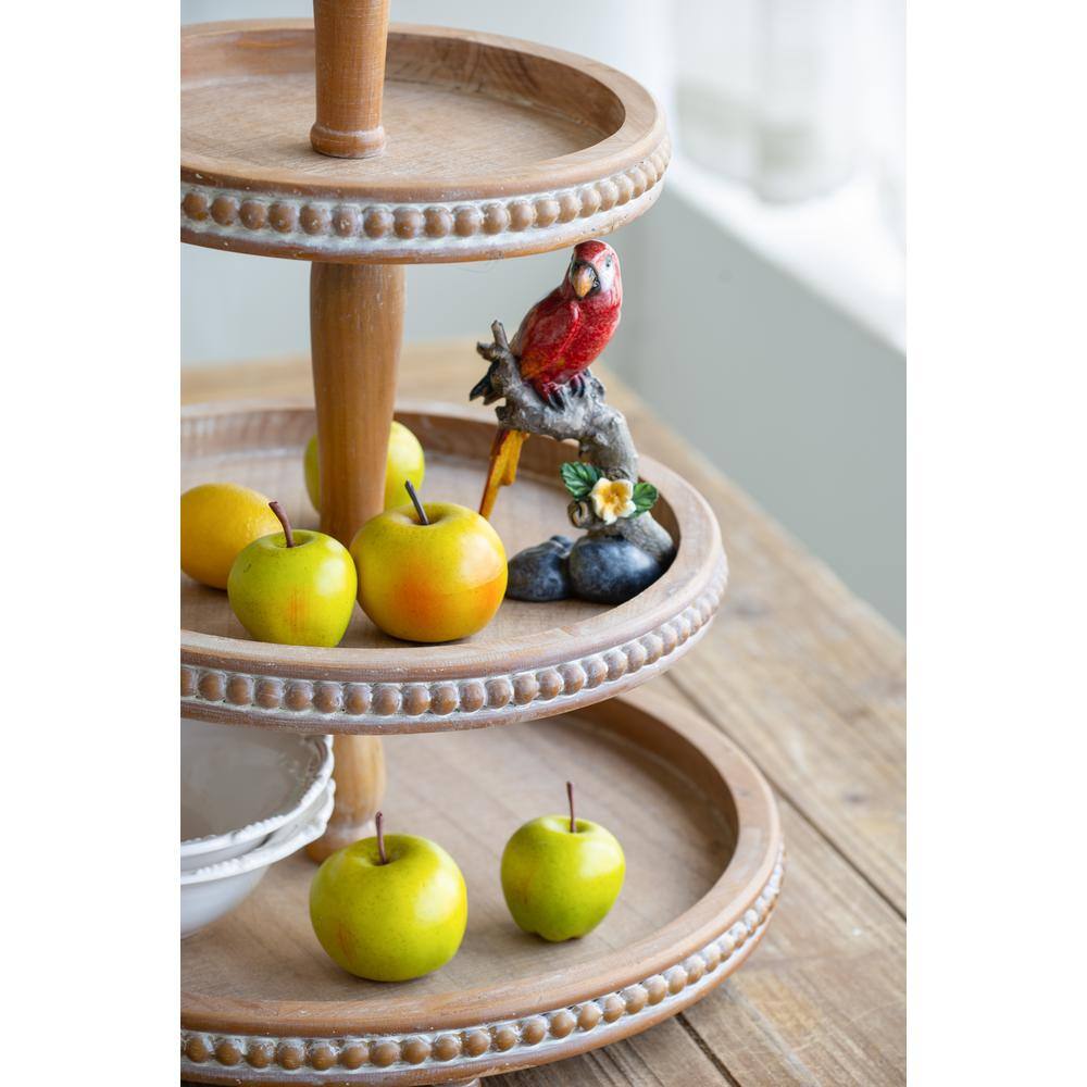 Antique Whitewash 3-Tier Wooden Serving Tray with Metal Handle