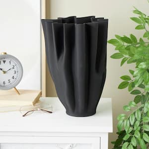 Black Dimensional Ribbed Tulip Ceramic Abstract Decorative Vase with Angular Rim
