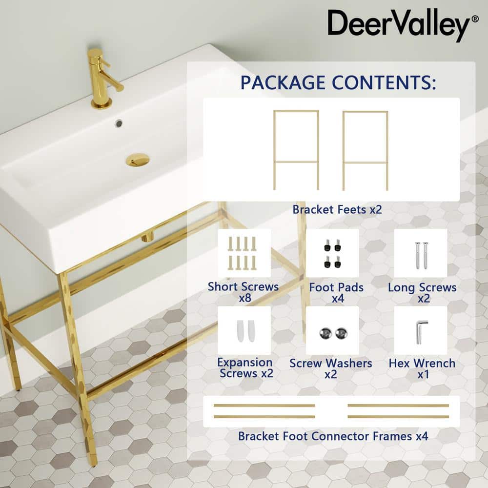 White Ceramic Console Sink with Gold Stainless Steel Frame
