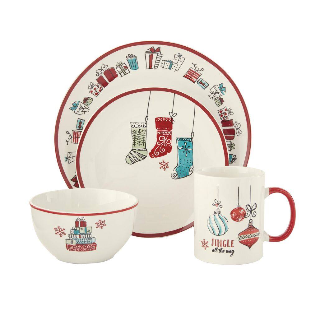 Festive Holiday Porcelain Dinnerware Set for 4 with Red Trim