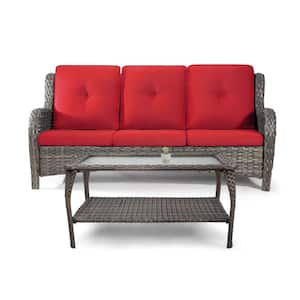 2-Piece Wicker Outdoor Patio Conversation Set with Red Cushions and Coffee Table, Tempered Glass Tabletop