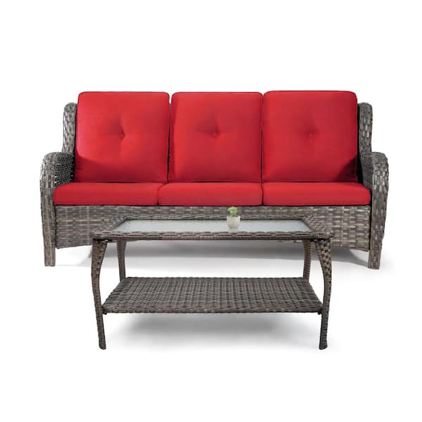 Sudzendf 2-Piece Wicker Outdoor Patio Conversation Set with Red Cushions and Coffee Table, Tempered Glass Tabletop