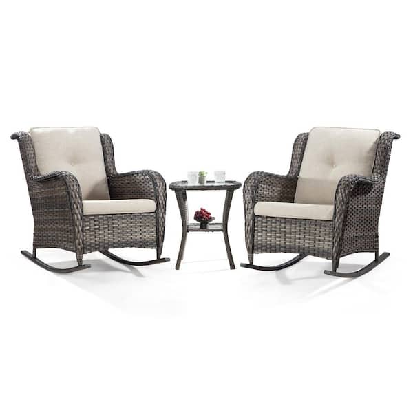 3-Piece Brown Wicker Outdoor Rocking Chair with Beige Cushion