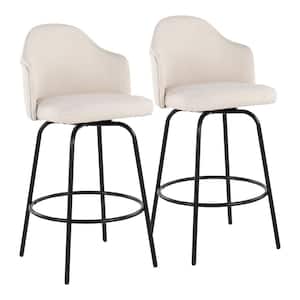 Ahoy Upholstered 37 in. Cream Fabric and Black Steel Counter Height Bar Stool with Black Round Footrest (Set of 2)