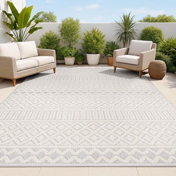JONATHAN Y Cream/Gray 3 ft. x 5 ft. Ormond High-Low Modern Trellis Geometric Indoor/Outdoor Area Rug