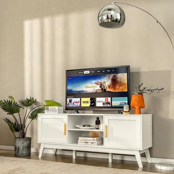 59 in. W TV Stand Entertainment Media Console for TV up to 65 in. with 2-Rattan Cabinets and Open Shelves White