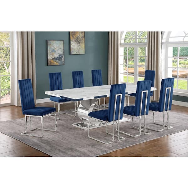 Best Quality Furniture Ibraim 9-Piece Rectangle White Marble Top Stainless Steel Base Dining Set with 8 Navy Blue Velvet Chrome Iron Chairs
