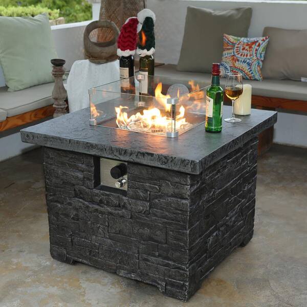Cesicia 32 in. Imitation Stone Black Outdoor Fire Pit Table with Glass Cover