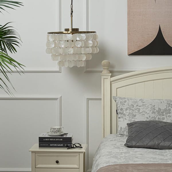 3-Lights Unique Antique Bronze Tiered Capiz Chandelier with Seashell Accents