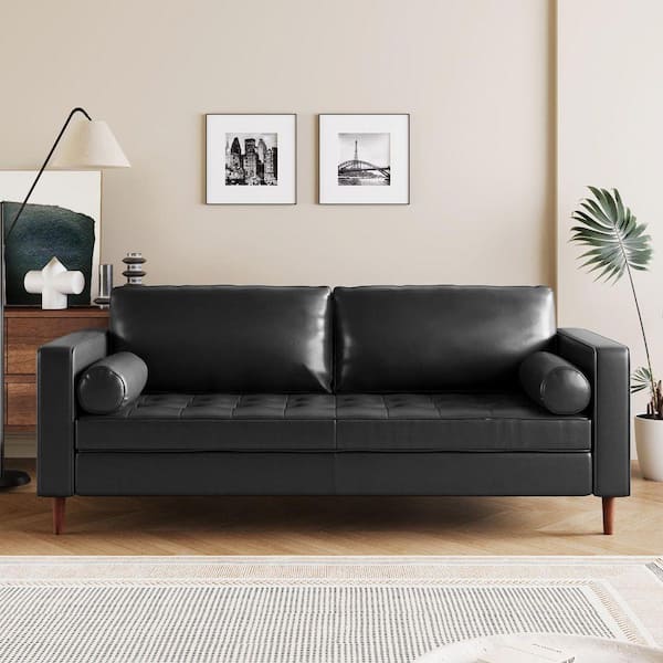 82.3 in. Square Arm Faux Leather Rectangle Sofa with Solid Wood Legs and 2 Bolster Pillows in Black