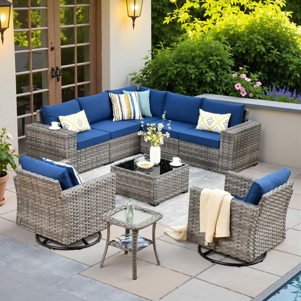 Zoila Gray 9-Piece Wicker 7.68 in. Wide Arm Outdoor Sectional Set with Navy Blue Cushions and Swivel Rocking Chairs price history on PriceWatchPro