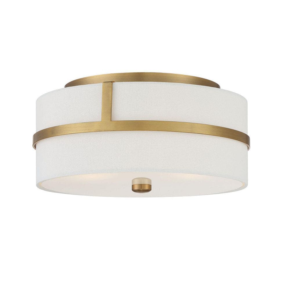 Natural Brass and White Fabric Drum 2-Light Ceiling Flush Mount