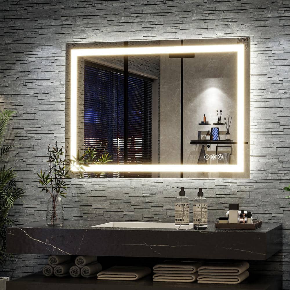 XRAMFY 26 in. W x 38 in. H LED Light Anti-Fog Rectangular Modern ...