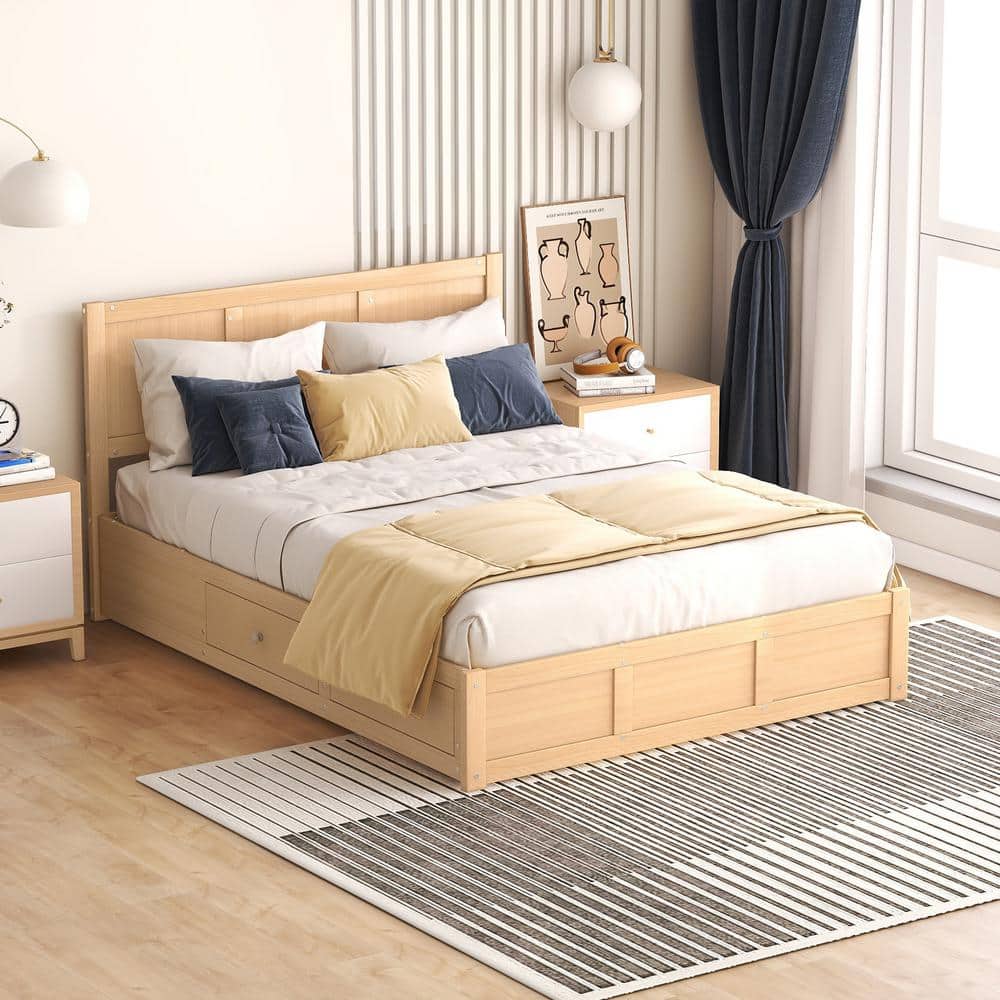 Natural Pine Full Size Platform Bed with Storage and Drawers