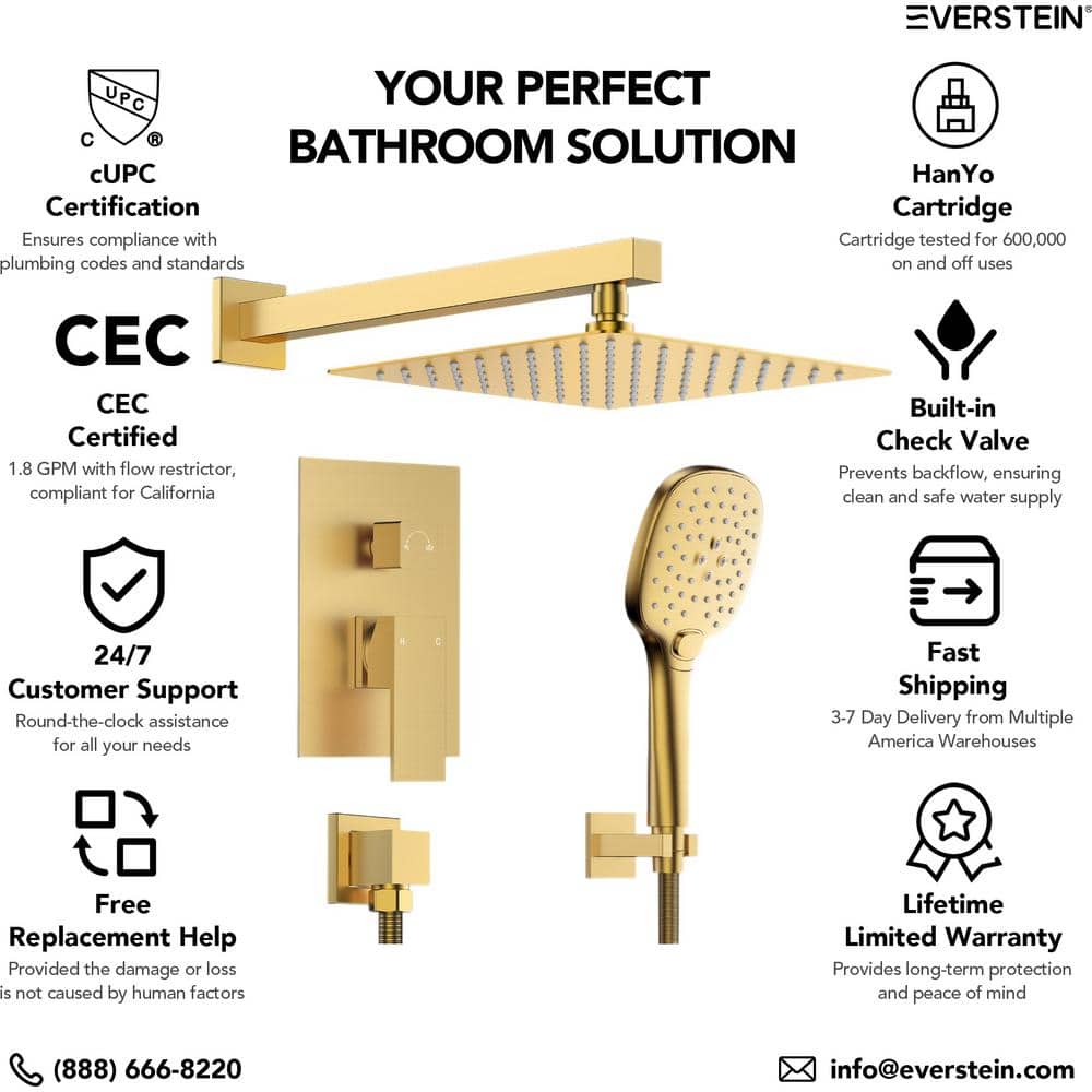 Large Brushed Gold Dual Square Wall Mounted Shower System