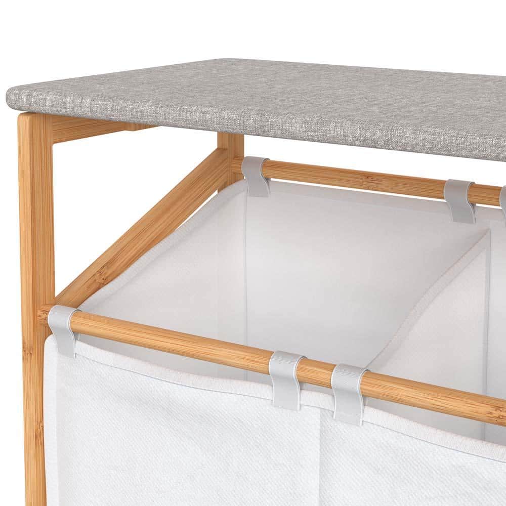 Natural Bamboo Dual Compartment Laundry Hamper with Ironing Board
