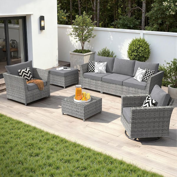 Auris Gray 7-Piece Wicker Outdoor Furniture Set Patio Conversation Set with Dark Gray Cushions and Rocking Swivel Chair