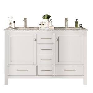 London 48 in. x 18 in. Transitional White Bathroom Vanity with White Carrara marble and double Porcelain Sinks